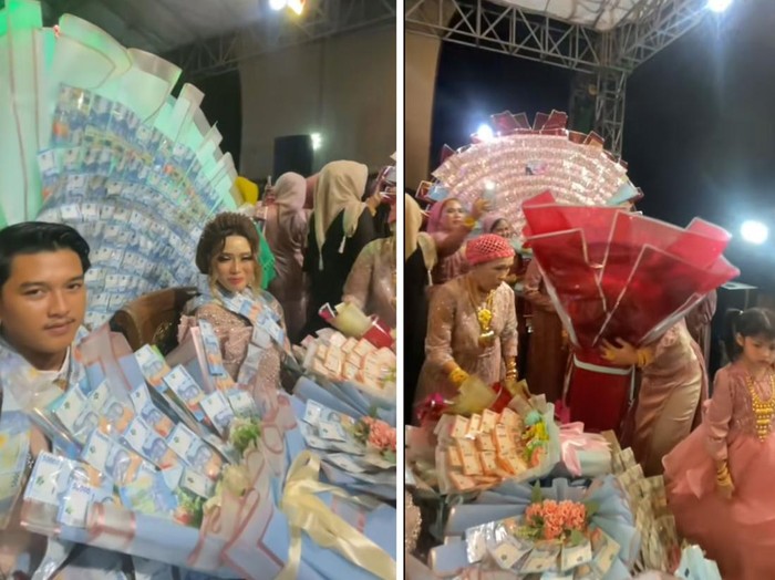 Foto resepsi pernikahan heboh, pengantin memakai kalung dari uang dan menerima banyak buket uang mulai dari ukuran kecil hingga ukuran besar. Suasana pernikahan tersebut langsung viral di media sosial