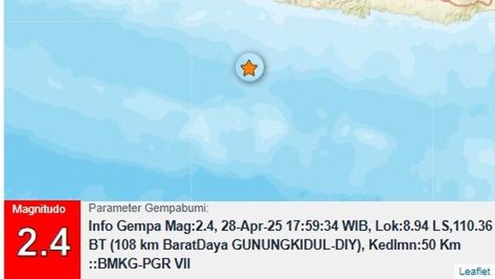 Gempa M 2,5 goyang perairan Gunungkidul, Senin (28/4/2025).