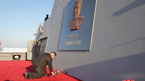 North Korean leader Kim Jong Un, accompanied by his daughter Kim Ju Ae, attends a ceremony for the launch of a 
