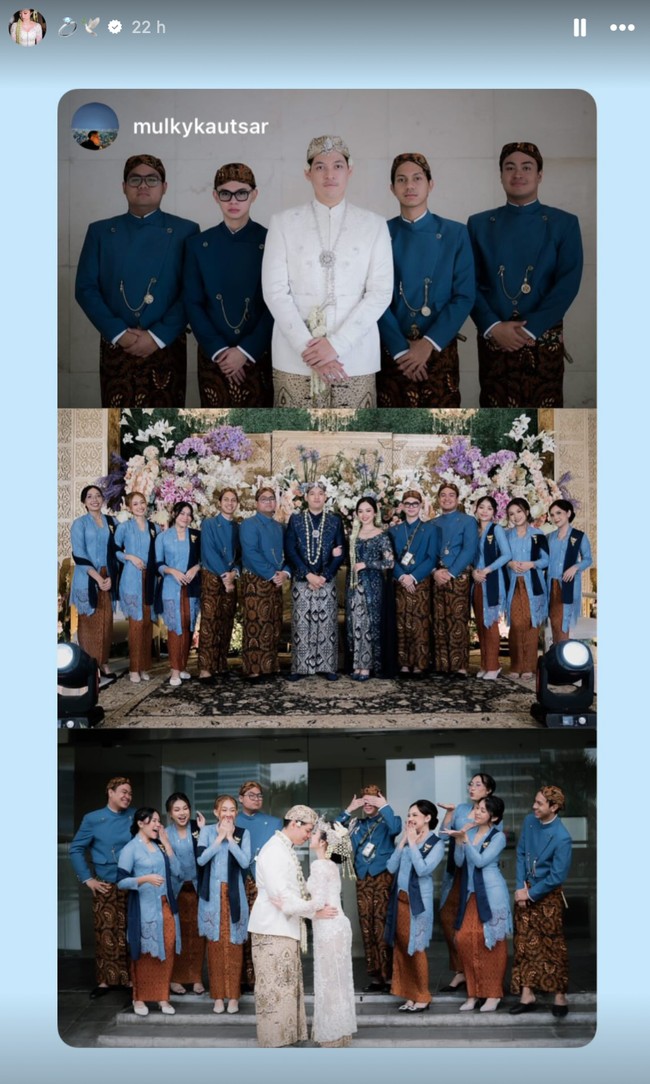 Para bridesmaid dan groomsman yang hadir juga tampil kompak kenakan seragam beskap dan kebaya warna biru. Foto: Instagram/@nabilahrdz