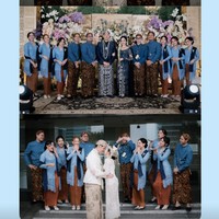 Para bridesmaid dan groomsman yang hadir juga tampil kompak kenakan seragam beskap dan kebaya warna biru. Foto: Instagram/@nabilahrdz