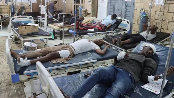 Injured African migrants lie on hospital beds after a strike hit a detention centre hosting African migrants, in Saada, Yemen April 28, 2025. (Reuters)