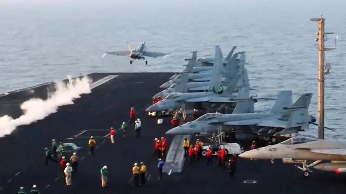 This image taken from video provided by the US. Navy shows an aircraft launching from the USS Harry S. Truman in the Red Sea before airstrikes in Sanaa, Yemen, March 15, 2025. (AP)