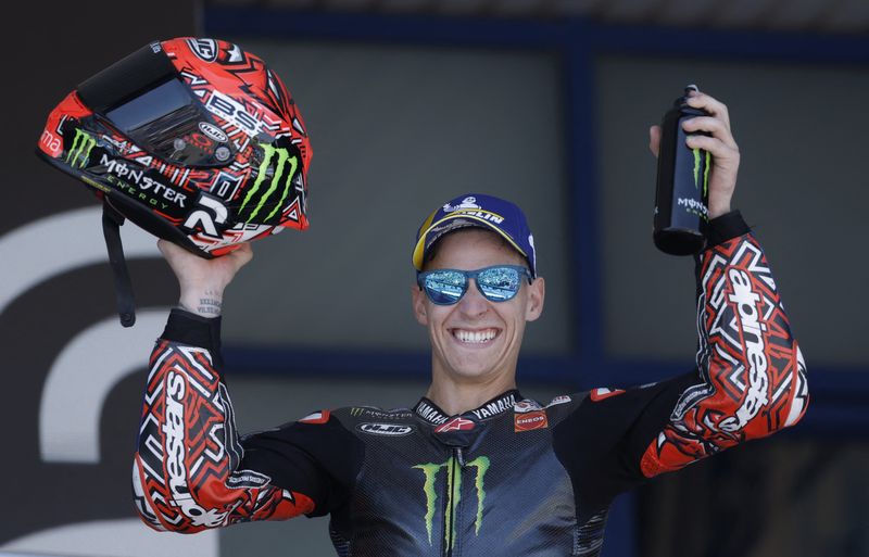 MotoGP - Spanish Grand Prix - Circuito de Jerez, Jerez, Spain - April 27, 2025 Second placed Monster Energy Yamaha MotoGP's Fabio Quartararo celebrates on the podium after the race REUTERS/Jon Nazca