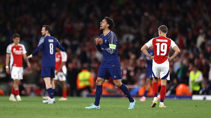 LONDON, ENGLAND - APRIL 29: Marquinhos of PSG celebrates during the UEFA Champions League 2024/25 Semi Final First Leg match between Arsenal FC and Paris Saint-Germain at Emirates Stadium on April 29, 2025 in London, England. (Photo by Jacques Feeney/Offside/Offside via Getty Images)