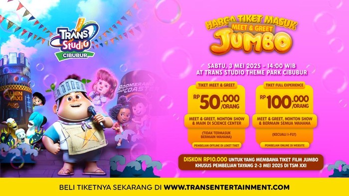 Film animasi Jumbo telah menarik 7 juta penonton! Ikuti Meet & Greet di Trans Studio Cibubur pada 3 Mei 2025 dan nikmati pengalaman serunya!