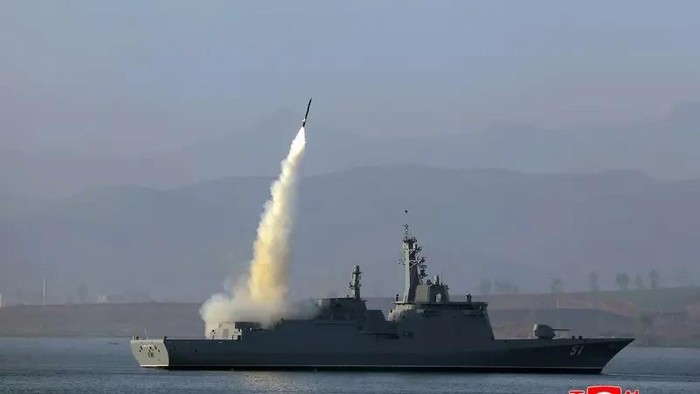 View of what state media KCNA reported was a test-firing of the weapons system of the new 