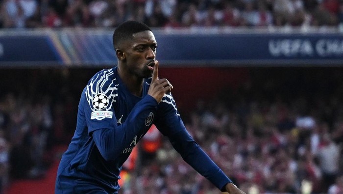 Soccer Football - Champions League - Semi Final - First Leg - Arsenal v Paris Saint Germain - Emirates Stadium, London, Britain - April 29, 2025 Paris St Germains Ousmane Dembele celebrates scoring their first goal REUTERS/Dylan Martinez