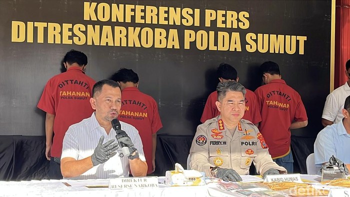 Polda Sumut saat merilis kasus pengungkapan narkoba. (Foto: Finta Rahyuni/detikSumut).