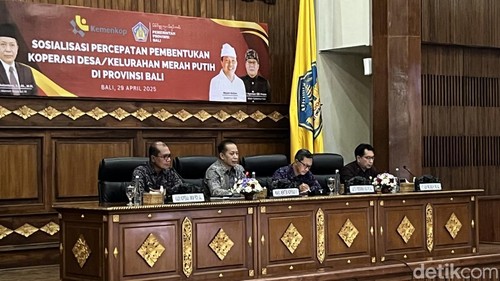 Sosialisasi percepatan pembentukan Koperasi Desa Merah Putih oleh Wamen Koperasi Ferry Juliantoro bersama perbekel se-Bali di kantor Gubernur Bali, Denpasar, Selasa (29/5/2025). (Foto: Rizki Setyo/detikBali)