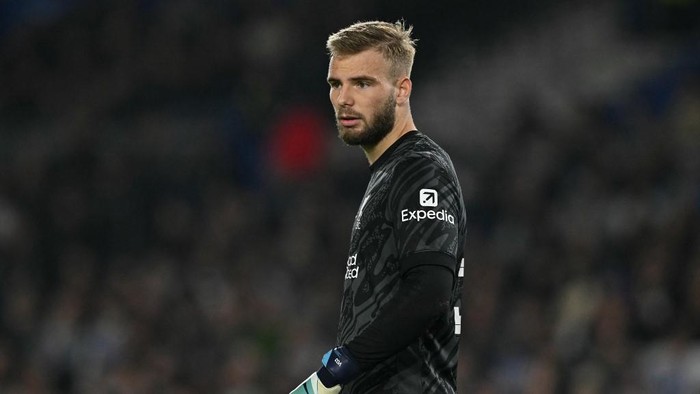 Liverpool's Czech goalkeeper #56 Vitezslav Jaros looks on during the English League Cup round of 16 football match between Brighton and Hove Albion and Liverpool at the American Express Community Stadium in Brighton, southern England on October 30, 2024. (Photo by Glyn KIRK / AFP) / RESTRICTED TO EDITORIAL USE. No use with unauthorized audio, video, data, fixture lists, club/league logos or 'live' services. Online in-match use limited to 120 images. An additional 40 images may be used in extra time. No video emulation. Social media in-match use limited to 120 images. An additional 40 images may be used in extra time. No use in betting publications, games or single club/league/player publications. /