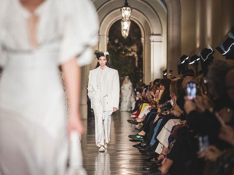 BARCELONA, SPAIN - APRIL 24: Simonetta Gianfelici walks the runway at the Vivienne Westwood fashion show during Barcelona Bridal Fashion Week 2025 at the Universitat de Barcelona on April 24, 2025 in Barcelona, Spain. (Photo by Xavi Torrent/Getty Images)