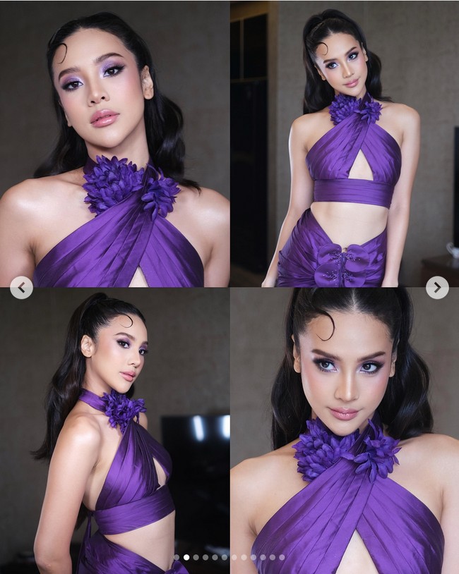 Anya melengkapi penampilan glamornya dengan riasan nuansa ungu pada eyeshadow, blush on dan lipstiknya. Foto: Dok. Instagram Anya Geraldine