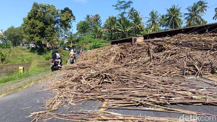 Muatan tebu berserakan tutup akses Blitar-Malang
