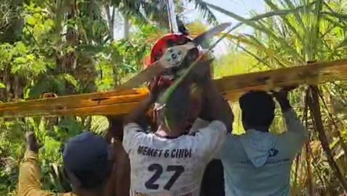 Drone Banshee milik Pusat Pendidikan (Pusdik) Artileri Pertahanan Udara (Arhanud) yang jatuh ke kebun tebu di Desa Wotgalih, Lumajang.