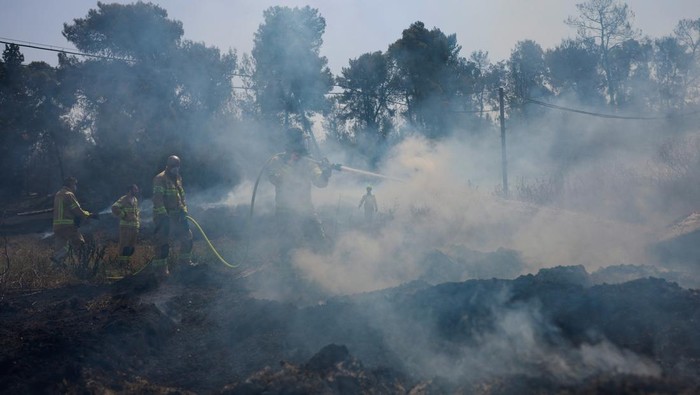 Petugas Damkar Berjibaku Padamkan Kebakaran Hutan di Wilayah Israel A firefighter works near Latrun, a day after wildfires broke out due to extreme heat and winds, in central Israel, May 1, 2025. REUTERS/Ammar Awad