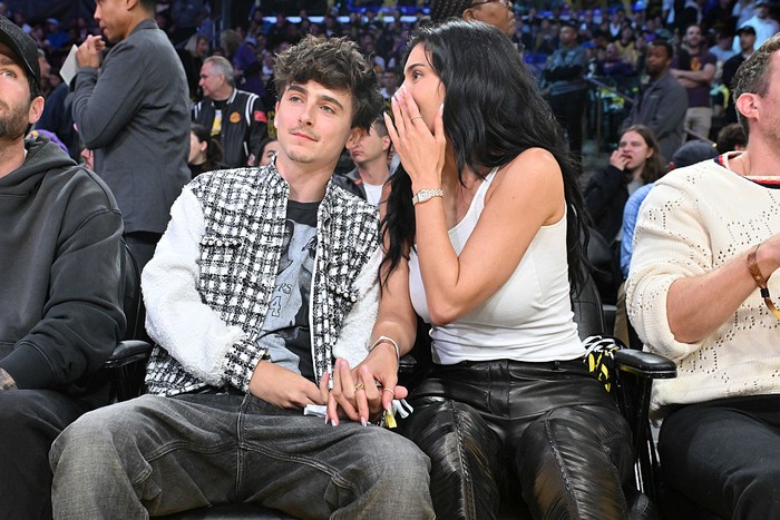 LOS ANGELES, CALIFORNIA - APRIL 30: Timothee Chalamet and Kylie Jenner attend a basketball game between the Los Angeles Lakers and the Minnesota Timberwolves at Crypto.com Arena on April 30, 2025 in Los Angeles, California. NOTE TO USER: User expressly acknowledges and agrees that, by downloading and or using this photograph, User is consenting to the terms and conditions of the Getty Images License Agreement. (Photo by Allen Berezovsky/Getty Images)