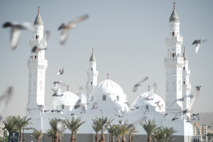 A low angle shot of the exterior building of Quba Mosque in the city of Al-Madinah Al-Munawwarah.