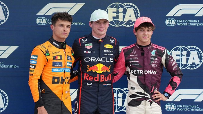 03 May 2025, USA, Miami: Motorsport: Formula 1 World Championship, Grand Prix of Miami, Qualifying: Pole position for Max Verstappen (M) from the Netherlands from Team Oracle Red Bull, 2nd place on the grid for Lando Norris (l) from Great Britain from Team McLaren, 3rd place on the grid for Kimi Antonelli (r) from Italy from Team Mercedes-AMG Petronas Formula One Team. Photo: Hasan Bratic/dpa (Photo by Hasan Bratic/picture alliance via Getty Images)