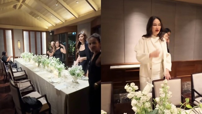 Acara bridal shower juga dirayakan dengan dinner bersama para sahabat. Terlihat para sahabat kompak kenakan pakaian berwarna hitam, sementara Luna, calon pengantin, kenakan busana berbeda warna putih. Foto: Instagram/@lunamaya
