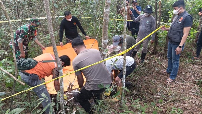 Polisi saat mengevakuasi mayat pria asal Sumut yang ditemukan tewas di kebun karet Muara Enim