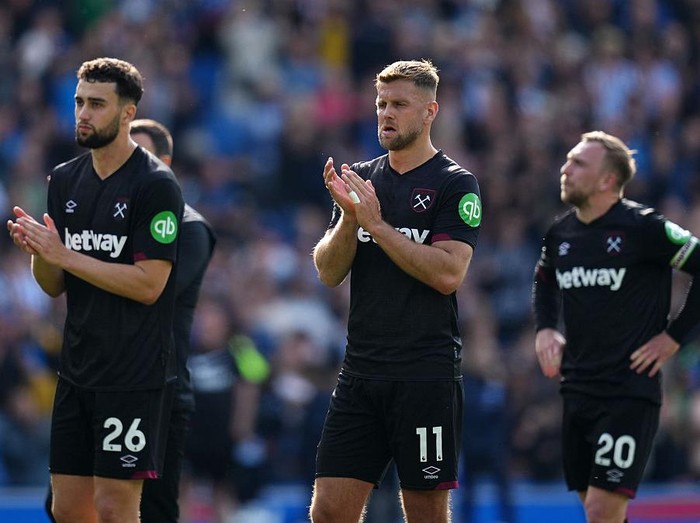 West Ham United's Niclas Fullkrug applauds the fans after the Premier League match at the American Express Stadium, Brighton. Picture date: Saturday April 26, 2025. (Photo by John Walton/PA Images via Getty Images)