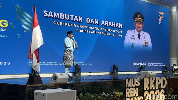 Gubsu Bobby Nasution saat beri kata sambutan di Musrenbang di Kantor Gubernur Sumut. (Foto: Kartika Sari/detikSumut).