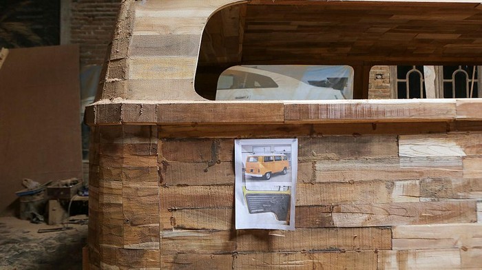 A manufacturing drawing is seen at a workshop to build replicas of cars and motorcycles from teak wood in Boyolali, Central Java, Indonesia, on April 28, 2025. This home-based industry, which operates since 1994, successfully produces 15 car models (Volkswagen, Ferrari, Mercedes, etc.) and 9 motorcycle models (Harley Davidson, Vespa, Ducati) using leftover wood from furniture production, such as chairs and tables. These handcrafted products are exported to several countries across Europe and Asia. The business contributes to wood waste management and supports the local economy. (Photo by Agoes Rudianto/NurPhoto via Getty Images)