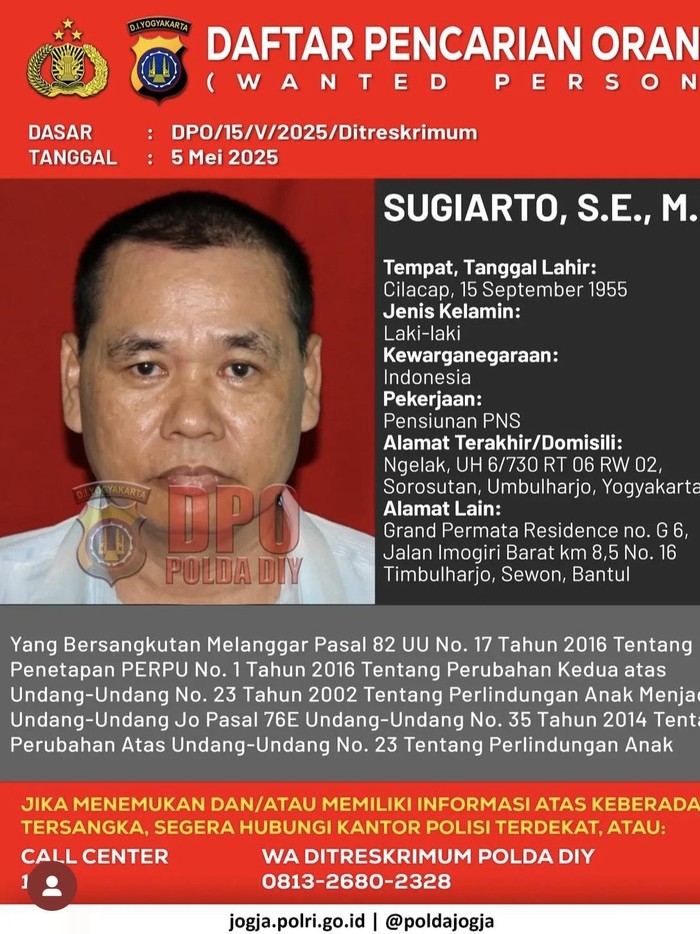 Foto Sugiarto, warga Umbulharjo, Kota Jogja, yang kini jadi buronan Polda DIY. Foto diunggah Senin (5/5/2025).