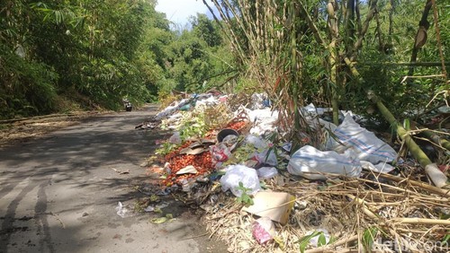 Situasi tumpukan sampah di jalur Desa Sekaan menuju Desa Bontot yang dianggap sebagai TPA liar, Senin (5/5/2025).