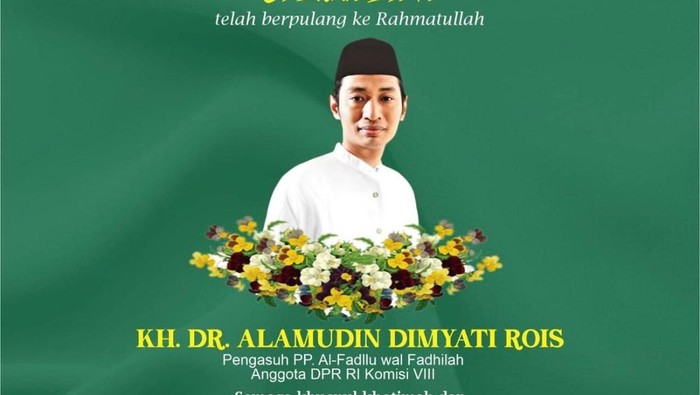 Kabar duka, anggota DPR RI Alamuddin Dimyati Rois meninggal dunia di RS Budi Rahayu, Pekalongan, Selasa (6/5/2025) pagi.