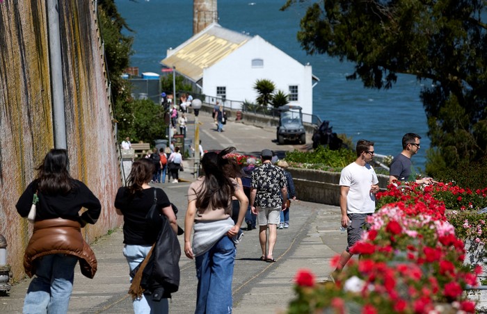 A view from a helicopter of Alcatraz Prison, a National Parks site located on Alcatraz Island in San Francisco Bay in San Francisco, California, U.S. May 5, 2025.  REUTERS/Fred Greaves