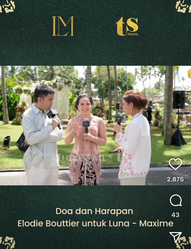 Elodie pun menjadi bagian dari hari bahagia sang kakak dan Luna Maya. Sejoli tersebut menggelar pernikahannya di Ubud, Bali, pada Rabu (7/5/2025). “Senang, aku ikut bahagia untuk mereka. Nothing but the best. Im happy for them, ungkap Elodie saat diwawancara di sela acara siraman Maxime yang digelar sehari sebelum pernikahan. (Foto: Instagram/@tsmediaid)
