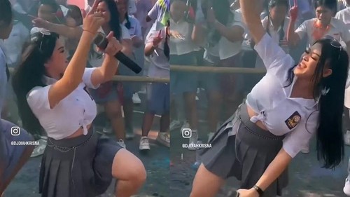 Aksi DJ Diah Krisna saat tampil di hadapan siswa SMKN 1 Tejakula, Buleleng, Bali, yang viral di media sosial. (Tangkapan layar)