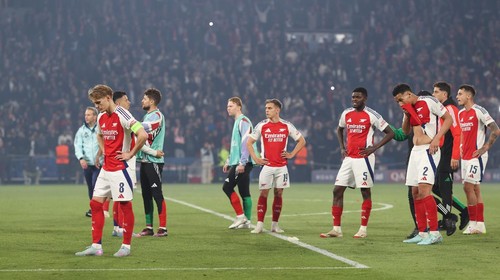 PARIS, FRANCE - MAY 7: Martin Odegaard of Arsenal and William Saliba of Arsenal react at full time during the UEFA Champions League 2024/25 Semi Final Second Leg match between Paris Saint-Germain and Arsenal FC at Parc des Princes on May 7, 2025 in Paris, France. (Photo by Mark Leech/Offside/Offside via Getty Images)