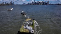 Instalasi seni karya Saype ditarik melintasi New York Harbor. Ia membawa pesan melawan ujaran kebencian melalui seni dan dialog antarwarga.
