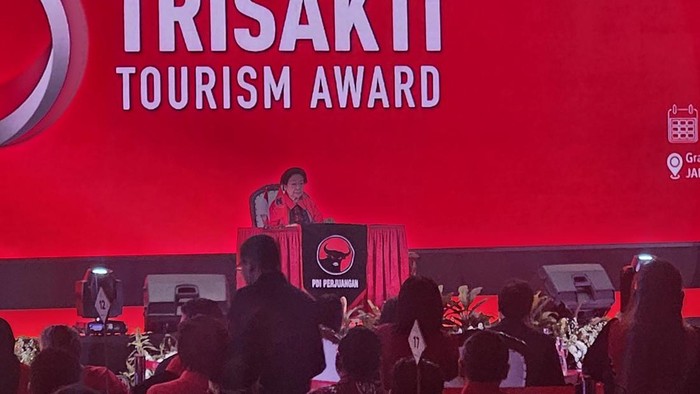 Megawati Soekarnoputri di acara Trisakti Tourism Award, Grand Sahid Jaya Hotel, Jakarta, Kamis (8/5/2025).