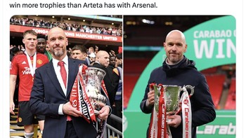 Erik Ten Hag banyak dikritik saat menukangi MU, tapi tetap meraih lebih banyak gelar daripada Mikel Arteta di Arsenal. Foto: X.com
