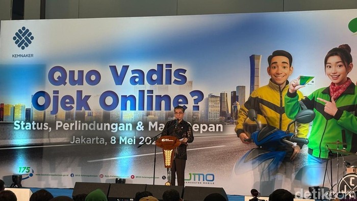 Menteri Ketenagakerjaan Yassierli dalam acara diskusi publik di Plaza BPJAMSOSTEK Kuningan, Jakarta Selatan, Kamis (8/5/2025).