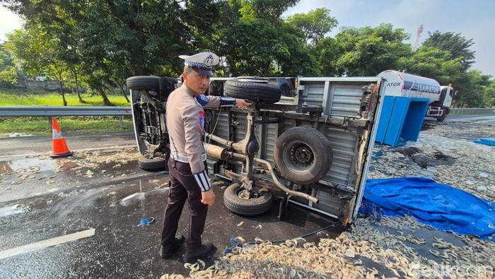Pikap bermuatan udang terguling di Tol Waru-Sidoarjo
