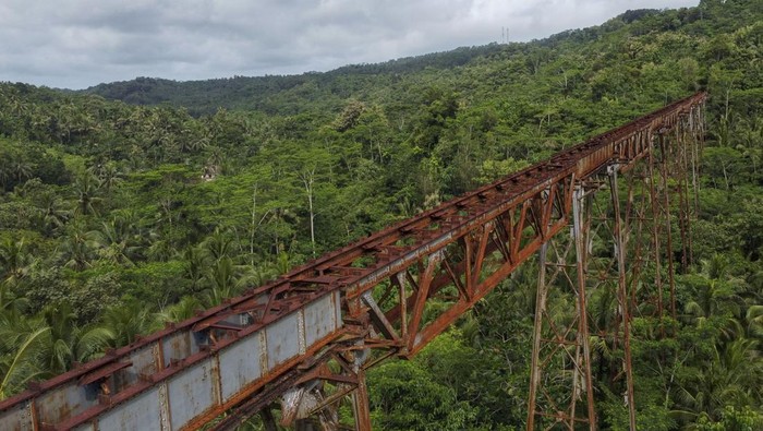 Potret Jembatan Kereta Api Terpanjang di Indonesia yang Bakal Diaktifkan Lagi Foto udara jembatan rel kereta api Cikacepit di Desa Pamotan, Kabupaten Pangandaran, Jawa Barat, Rabu (7/5/2025). Jembatan kereta api terpanjang di Indonesia dengan bentangan 310 meter yang dibangun pada zaman Pemerintahan Belanda tahun 1913-1916 itu, pernah menjadi lintasan kereta api jurusan Banjar-Cijulang dan rencananya Pemerintah Provinsi Jawa Barat akan reaktivasi jalur kereta api di Jawa Barat senilai Rp15 triliun. ANTARA FOTO/Adeng Bustomi/YU