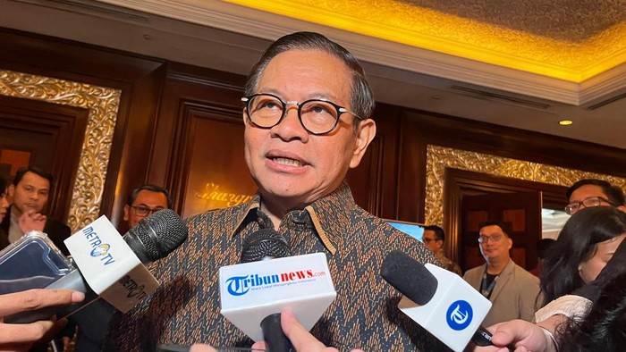 Pramono Anung di Shangri La Hotel, Jakarta Pusat, Kamis (8/5/2025).
