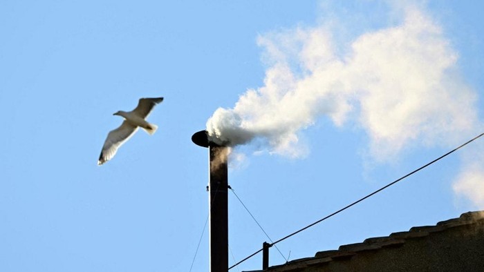 This photograph shows white smoke rising from the chinmey of the Sistine Chapel signaling that cardinals elected a new pope during their conclave in the Vatican on May 8, 2025. (Photo by Tiziana FABI / AFP)