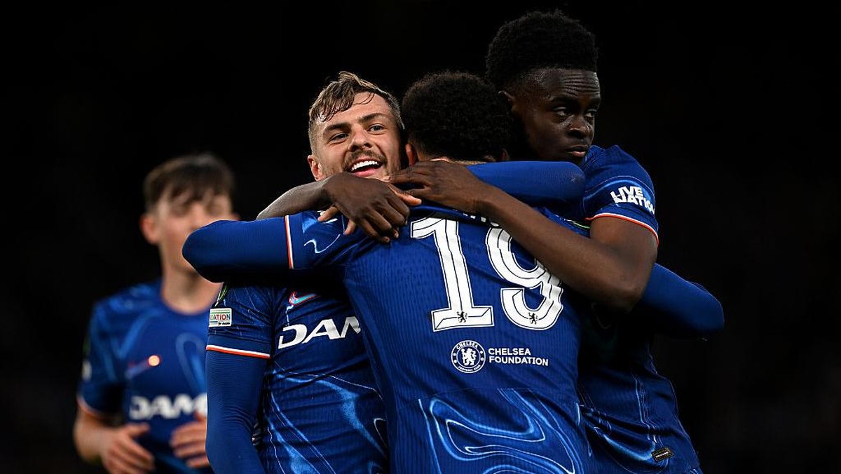 Kiernan Dewsbury-Hall merayakan gol ke gawang Djurgardens. Chelsea menang 1-0 dan ke final UEFA Conference League. (Foto: Darren Walsh/Chelsea FC via Getty Images)