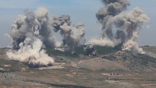 Smoke billows from the Nabatieh district, following Israeli strikes, according to two Lebanese security sources, as seen from Marjayoun, in southern Lebanon, May 8, 2025. (Reuters)
