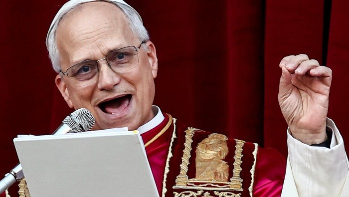 Newly elected Pope Leo XIV, Cardinal Robert Prevost of the Unites States delivers the 