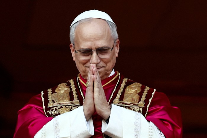 Newly elected Pope Leo XIV, Cardinal Robert Prevost of the Unites States delivers the 