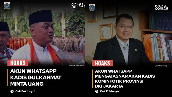 Nama Kadis Gulkarmat dan Kadis Kominfotik Jakarta dicatut untuk melakukan penipuan. Pelaku mencatut kedua nama kadis untuk menipu korban melalui WhatsApp (WA). (dok Jalahoaks)