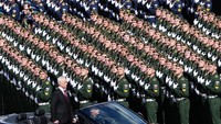 Menteri Pertahanan Rusia Andrei Belousov melakukan inspeksi pasukan pada parade militer di Lapangan Merah, Moskow, Jumat (9/5/2025).  (Alexander Vilf/Host agency RIA Novosti/Reuters)
