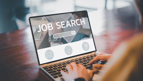 job search concept, find your career, woman looking at online website by laptop computer. People searching for vacancies or position on the internet, recruiting, finding jobs. Unemployed and poor economy
